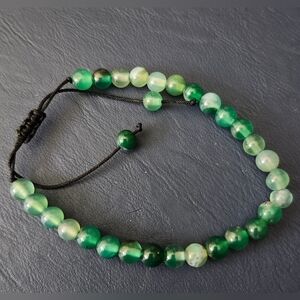 Natural Green Jade Round Gems Beads Braided Adjustable Bracelet 7.5''